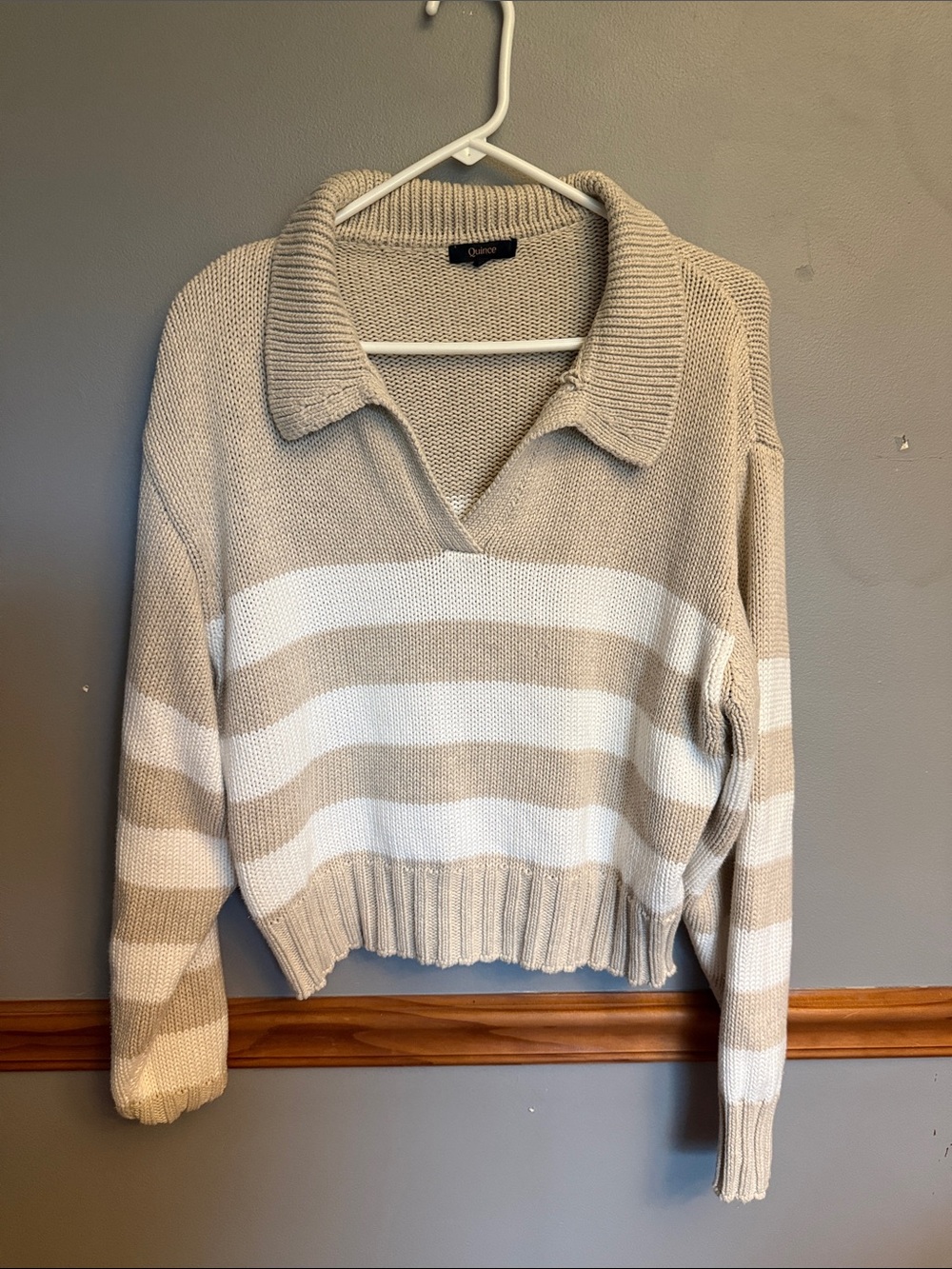 Quince 100% Organic Cotton Polo Sweater Beige Striped M